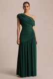 Kady Dark Green Asymmetric Neck Maxi Dress With Ruched Detailing