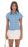Plaid Button Up Ruffle Top in Blue