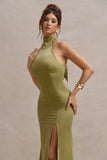 Violette Olive Satin High Neck Split Midi Dress