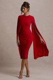 Marysol Red Asymmetric Cape Midi Dress