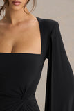 Claretta Black Square Neck Twisted Maxi Dress With Cape Sleeves