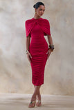Parisia Red Round Neck Midi Dress With Cape Detail