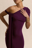 Praia Plum Asymmetric Neck Midi Dress With Sash and Draped Detailing