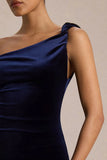 Carella Navy Velvet Twisted Asymmetric Midi Dress