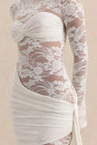 Milavia White Lace Crew Neck Mini Dress With Wrap Sash Detail