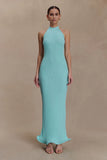 Melodie Halter Knit Maxi Dress Cyan Blue