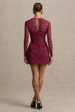 Bijou Burgundy Square Neck Lace Long Sleeve Mini Dress