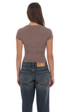 Ribbed Short Sleeve Button Top in Taupe
