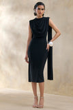 Lysandria Black High Neck Midi Dress With Draped Detailing