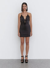 Black Satin Lace Trim Mini Dress