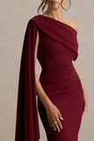 Leah Burgundy Asymmetric Neck Midi Dress With Cape Sleeve