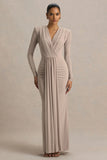 Flashy Champagne Plunge Neck Maxi Dress With Ruched Detailing