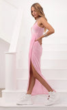 Velvet V Neck Maxi Dress In Barbie Pink