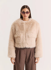 Beige Faux Fur Cropped Jacket