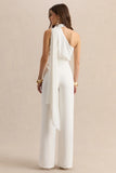 Gliselle White Asymmetric Neck Jumpsuit With Scarf Detail