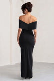 Eva Black Bardot Bow Detail Maxi Dress With Thigh Split