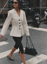 Cream Tailored Cinched Waist Wool Blend Blazer
