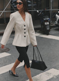 Cream Tailored Cinched Waist Wool Blend Blazer
