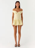 Endless Romance Off Shoulder Mini Dress Yellow Polkadot