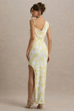 Sitara Lemon Porcelain Print Cowl Neck Maxi Dress With Asymmetric Skirt