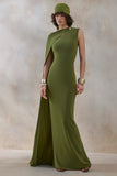 Isdelia Green Asymmetric Neck Maxi Dress With Cape Sleeve