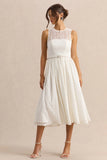 Anabella White Lace Crew Neck Belted Midi Dress