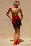 Nobu Ombre Print Bandeau Maxi Dress With Halter Collar