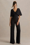Vivid Black Plunge Neck Jumpsuit With Bow Detail