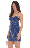 Floral Beaded Sequin Open Back Dress in Royal Blue