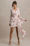 Goldie Cream Floral Print Chiffon Long Sleeve Wrap Mini Dress