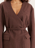 Chocolate Herringbone Tie Waist Wrap Jacket