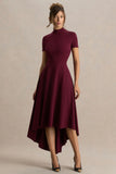 Bellona Burgundy High Neck High Low Midi Dress