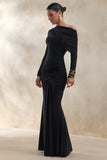 Kessara Black Asymmetric Neck Maxi Dress With Sash And Gathered Detailing