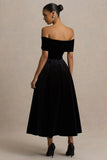 Ablaze Black Velvet Bardot Neck Midi Dress