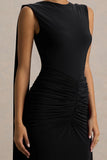 Premiere Black Boat Neck Maxi Dress With Open Back And Cape Sleeves