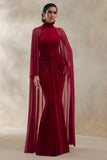 Adoring Burgundy Velvet High Neck Maxi Dress With Cape