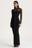 Cadenza Black Crew Neck Maxi Dress With Mesh And Gathered Detailing
