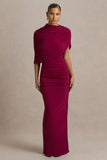 Glitz Burgundy High Neck Maxi Dress With Cape Sleeve and Ruched Detailing