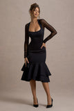 Sander Black Mesh Long Sleeve Ruffle Hem Midi Dress