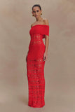 Solstice Off Shoulder Crochet Knit Maxi Dress Blood Orange