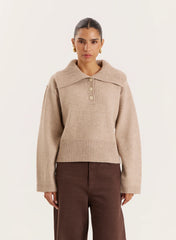 Beige Knitted Buttoned Collar Jumper