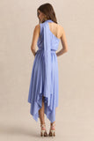 Caluna Powder Blue Satin Asymmetric Neck Midi Dress With Scarf Detail