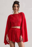 Flare Red Plisse Cape Sleeve Crop Top