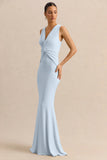 Holly Powder Blue Plunge Neck Maxi Dress With Twist Detail
