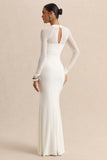 Fleurisia White Square Neck Maxi Dress With Mesh Long Sleeves