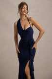 Lucena Navy Cowl Neck Wrap Maxi Dress With Floral Drape