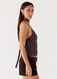 Quiero Backless Top Chocolate Blue Dot