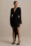 Vicenta Black Velvet Devore Plunge Neck Wrap Mini Dress