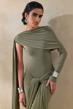 Trisara Olive Asymmetric Neck Maxi Dress With Gathered Detailing And Sash