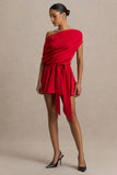 Clydie Red Satin Asymmetric Playsuit With Tie Waist